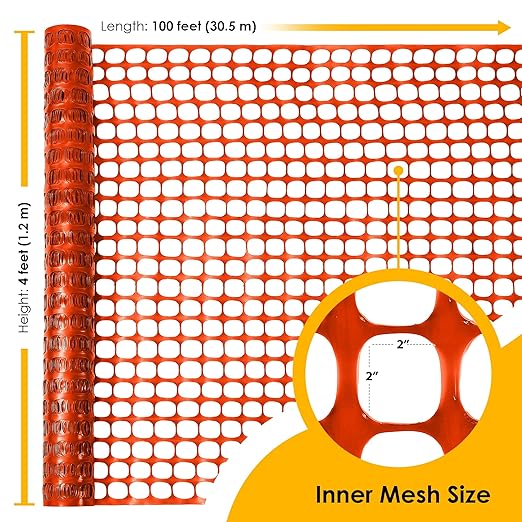 Houseables Plastic Mesh Fence, Construction Barrier Netting, Orange, 4'x100' Feet, 1 Roll, Garden Fencing, Fences Wrap, Above Ground, for Snow, Poultry, Chicken, Safety, Deer, Patio, Garden Netting
