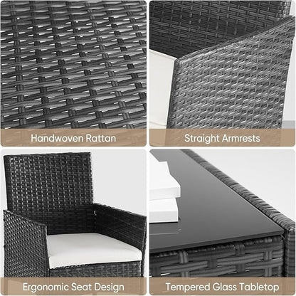 DUMOS 4 Piece Patio Furniture Set, All-Weather Outdoor Wicker Conversation Set with Removable Cushions & Tempered Glass Coffee Table, for Porch, Balcony, Lawn, Backyard Black