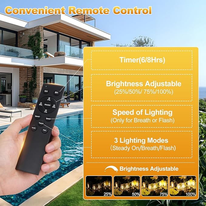 100FT Outdoor Solar String Lights with Remote, USB Rechargeable LED Patio Lights with 52 Timer Dimmable ST38 Edison Bulbs, Enhanced 5W Solar Panel Outside Hanging Lights for Porch Garden Deck Backyard