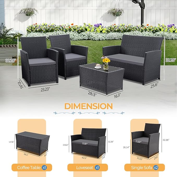 FHFO 4 Piece Outdoor Patio Furniture Sets, Outside Furniture Outdoor Sectional Wicker Conversation Sofa Set, Rattan Couch Set for Balcony Porch Backyard (Black-Grey)