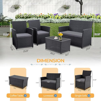 FHFO 4 Piece Outdoor Patio Furniture Sets, Outside Furniture Outdoor Sectional Wicker Conversation Sofa Set, Rattan Couch Set for Balcony Porch Backyard (Black-Grey)