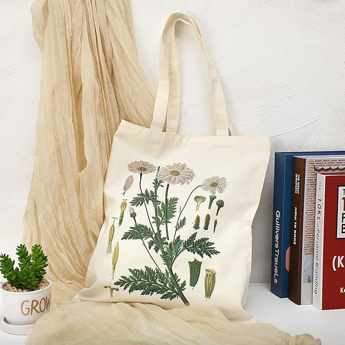 4 Pieces Floral Canvas Tote Bag for Women Book Club Gifts Cute Aesthetic Canvas Bags Bulk Flower Reusable Grocery Shopping Bag Aesthetic for Women