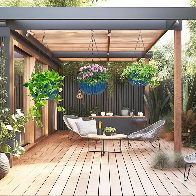 Hanging Planters 9/10/11 Inch for Indoor Plants, 3 Pack Plant Hanger Outdoor with Drainage Holes, Self Watering Hanging Basket Flower Pot for Garden Home Decor, Dark Blue