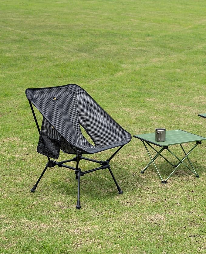 iClimb Ultralight Compact Camping Folding Beach Chair with Anti-Sinking Large Feet and Back Support Webbing (Black Grid - Square Frame - 2PC)