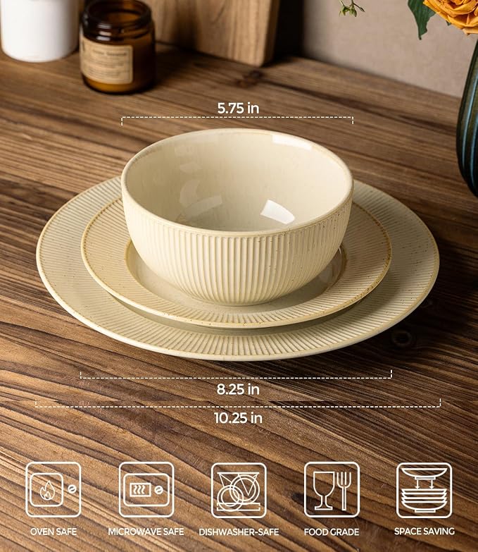 TheTerra Ceramic Dinnerware Set for 4, 12-Piece Plates and Bowls Set | Lightweight Porcelain Dish Set, Scratch Resistant, Oven & Microwave & Dishwasher Safe, Cream Latte