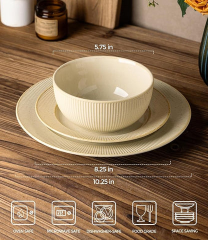 TheTerra Ceramic Dinnerware Set for 4, 12-Piece Plates and Bowls Set | Lightweight Porcelain Dish Set, Scratch Resistant, Oven & Microwave & Dishwasher Safe, Cream Latte