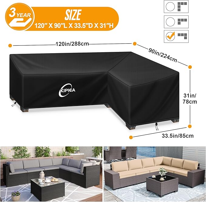 Kipiea L-Shape Patio Furniture Covers Waterproof, 500D Heavy Duty Outdoor Sectional Cover Windproof, Outdoor Couch Cover Anti-UV, No Tears & No Fading (Left Facing, 120" x 90" L x 33.5" D x 31" H)