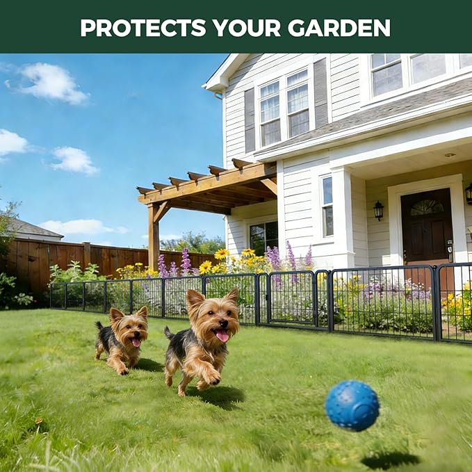FXW Garden Fence Outdoor for the Yard – 17in(H) x 34.2ft(L) Heavy Duty Metal Animal Barrier for Dog, No Dig Decorative Dog Fence, 14 Panels, Black