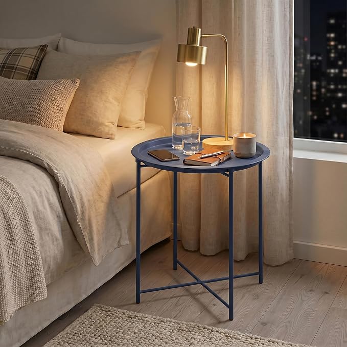 VECELO Side/End Table, Folding Round Metal Anti-Rust and Waterproof Outdoor or Indoor Tray for Living Room Bedroom Balcony and Office, 1 PCS, Blue
