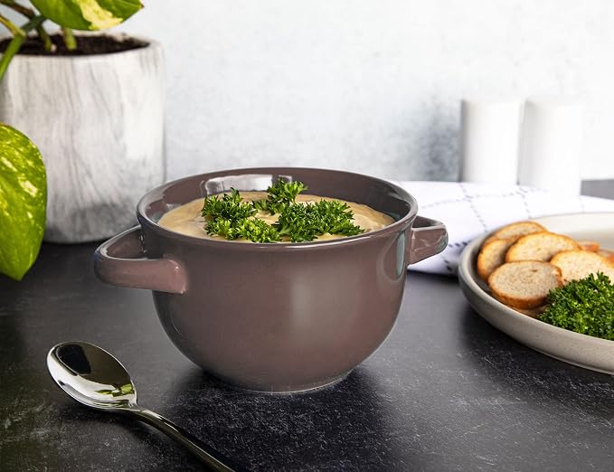 KooK French Onion Soup Bowls, Crocks, Oven Safe Bowls, Soup Mugs, Ceramic Bowls, Dishwasher, Microwave, Set of 4, 18 oz (Dark Mauve)
