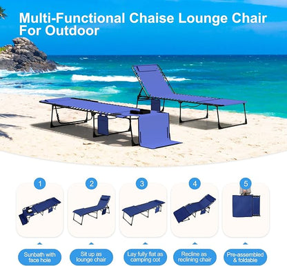 Outdoor Chaise Lounge Chair with Face Hole and Arm Hole, Tanning Chair with 5 Position Adjustable Back, Foldable Lounge Chair with Detachable Pocket and Pillow for Beach, Pool, Blue