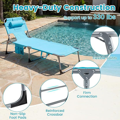 Goplus Tanning Chair, Folding Adjustable Patio Lounge Chair with Face Hole, Removable Pillow, 330LBS, Carry Strap, Outdoor Sunbathing Chair, Lightweight Portable Beach Lounge Chair, No Assembly