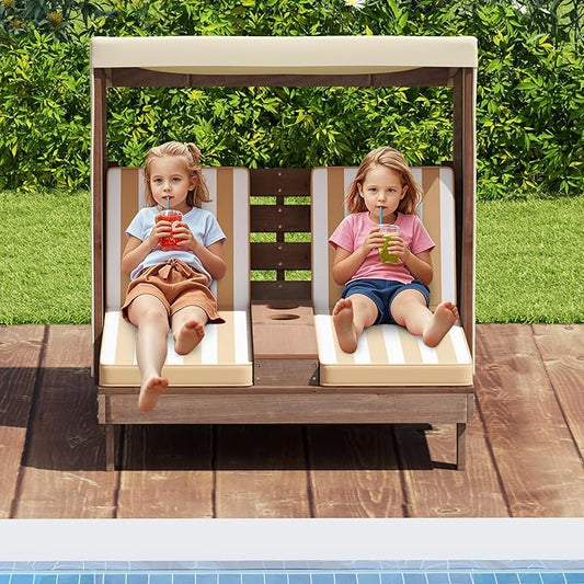 COSTWAY Kids Double Chaise Lounge Outdoor, 2-Seat Patio Lounge Chair with Cup Holders & Cushions, Kids Pool Lounger with Canopy, Wood Patio Furniture for Children Boys Girls 3 Years Old (Beige)