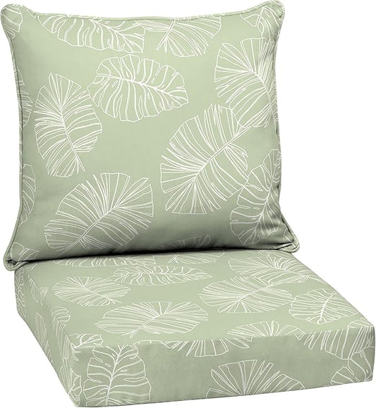Arden Outdoor Deep Seat Cushion Set, 24 in x 24 in, Weather-Proof, Rain-Proof, Fade Resistant Patio Cushion for Chair, Sofa, and Couch Coastal Green Leaf