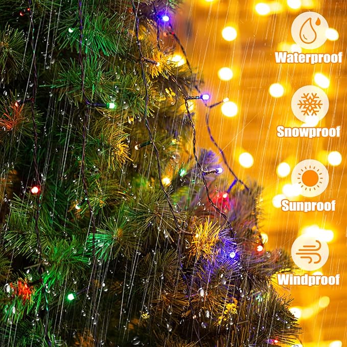 LitHome 100 LED Solar Christmas String Lights Outdoor, 33FT 34Colors Changing Solar/USB Red White Blue Lights Waterproof with Remote, 102 Modes 4th of July Light for Tree Garden Party Holiday Decor
