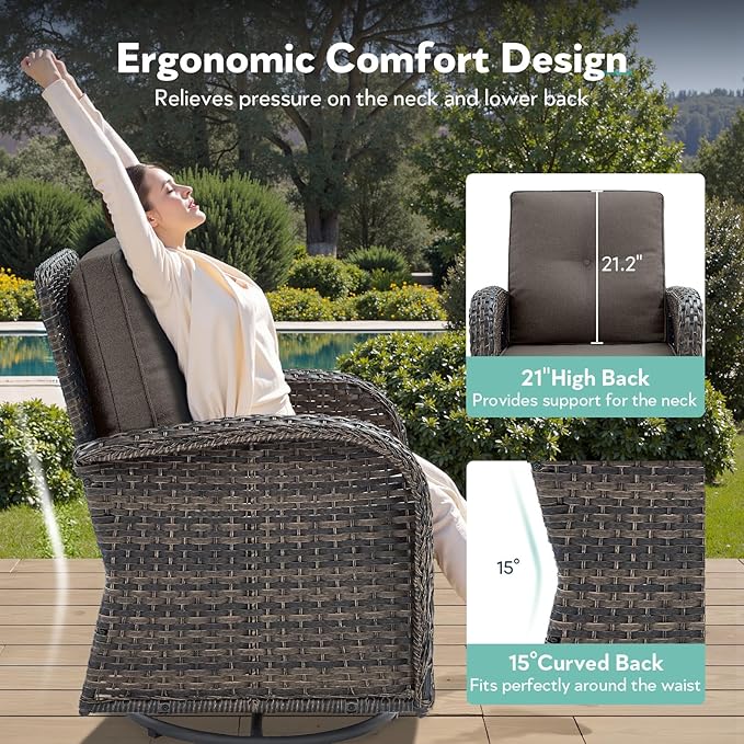 5 Piece Patio Furniture Set - Wicker Patio Conversation Set with Swivel Glider, Loveseat Bench, Tempered Glass Side Table and Coffee Table for Deck Backyard - Brown Wicker Grey Cushion