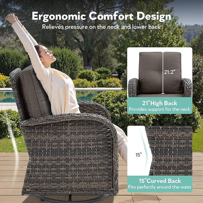 5 Piece Patio Furniture Set - Wicker Patio Conversation Set with Swivel Glider, Loveseat Bench, Tempered Glass Side Table and Coffee Table for Deck Backyard - Brown Wicker Grey Cushion