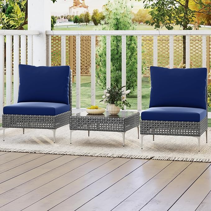Tangkula 3 Pieces Patio Furniture Set, PE Rattan Conversation Chairs with Tempered Glass Coffee Table, Soft Back & Seat Cushions, Heavy Duty Metal Frame, Outdoor Bistro Set for Garden & Pool (Navy)