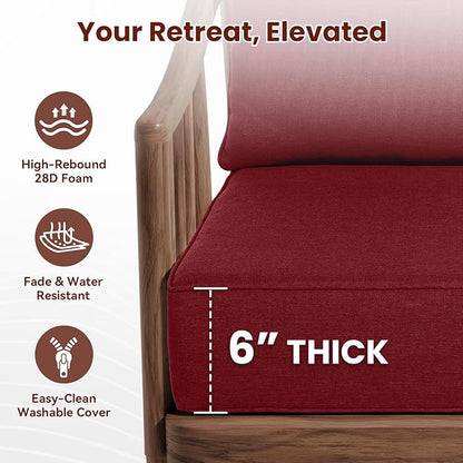Outdoor Chair Cushions, 6 Inch Thick Patio Seat & Back Cushions Set with Removable Cover, Waterproof Patio Cushions for Outdoor Furniture, 22 x 24 Inch, Red 6-Set