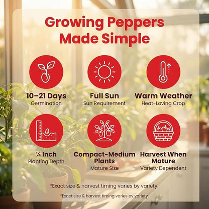 Hot Pepper Seeds for Planting, Cayenne, Hungarian Yellow, Jalapeno, Serrano, Habanero Orange, Heirloom Pepper Seeds Variety Pack, NonGMO, Made in USA