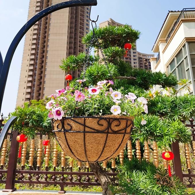 12 inch Metal Hanging Baskets For Plants Outdoor 4 Pack Round Metal Wire Hanging Basket Planter with Coco Fiber Liners Chain Round Wire Plant Holder for Garden, Patio, Deck, Porch Plants Flower Potss