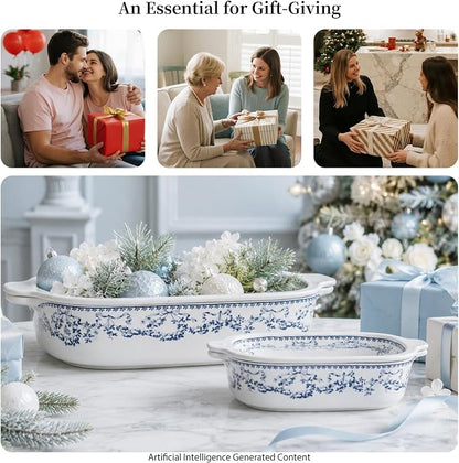 ACMLIFE Ceramic Casserole Dish with Lids for Oven, Large Baking Dish with Lid and Small Ceramic Casserole Dishes with Lid, Bakeware Set Baking Pan Lasagna Pan with Lids & Handles 4 Pcs Set (13x8 Inch+ 8x6 Inch, 2.01 Quart+0.85 Quart, Blue and White), C...