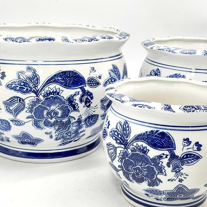 Galt International Floral Blue & White Round Porcelain Ceramic Plant Flower Planter Pot Set of 3 (8", 10", 12") Garden Pots Chinese Asian Design