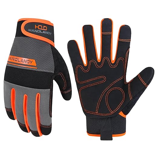 HANDLANDY Work Gloves Mens & Women, Utility Safety Mechanic Working Gloves Touch Screen, Flexible Breathable Yard Work Gloves (Extra Large, Orange)