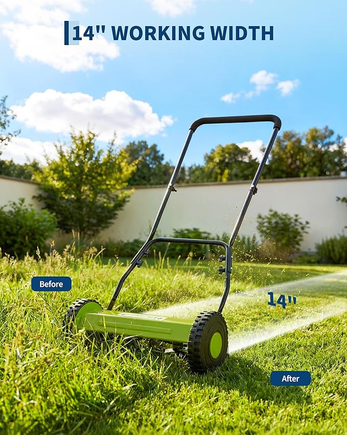 Garvee 14" Push Reel Lawn Mower, 5-Blade Manual Walk-Behind Lawn Mower with Adjustable Cutting Height, Compact Push Mower for Small Yards, Green