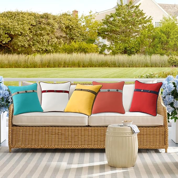 Outdoor Sunbrella Decorative Pillows with Triple Coconut Buttons Pack of 4, 18" x 18" Outdoor Pillow Set for Couch Bed Throw Patio Sofa, Canvas Aruba/Cast Ash