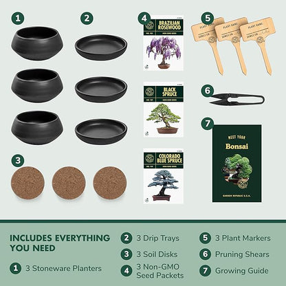 Garden Republic Bonsai Tree Kit - Mini Bonsai Seeds, 3 Types with Stylish Stone Pots, Pruning Shears Tool, Plant Markers, Wood Gift Box, and Potting Soil
