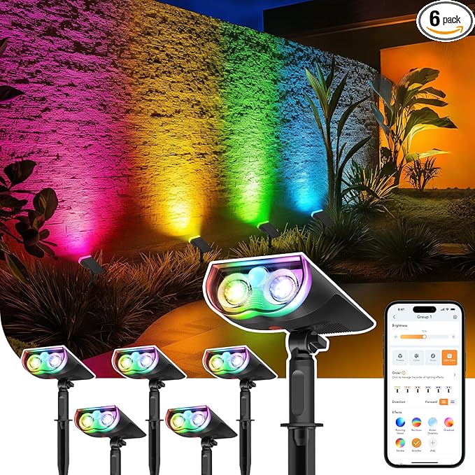 Linkind Smart Solar Lights Outdoor SL5 with Motion Sensor, APP Control Color Changing Solar Spot Lights Outdoor Waterproof, IP65 Landscape Lighting for Yard, Garden, Patio, Path(6 Pack)