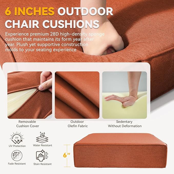6" Thick Outdoor Chair Cushions - 22"* 24" Patio Furniture Cushions with Water Resistant & Removable Cover, 28D High Density Sponge Patio Cushion for Outdoor Furniture Couch Chair Orange