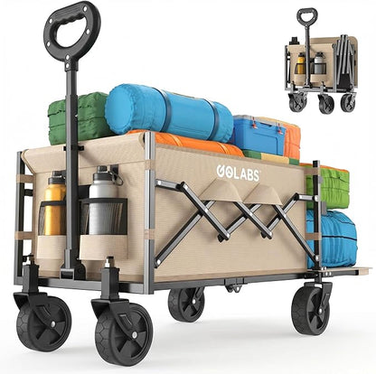 Golabs Collapsible Wagon Cart Max 350lb Load & Expandable Storage 100L, Double Bearing Design for Flexible Steering, Foldable Heavy Duty Garden Cart with 2 Cup Holders for Groceries, Garden & Camping