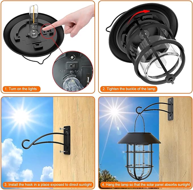 Solar Lantern Hanging Solar Lights Outdoor, Waterproof Metal Wall Lantern with Hooks, Outdoor Wall Lights for Porch, Patio Yard Garden Decor, No Wiring Required, 2 Pack