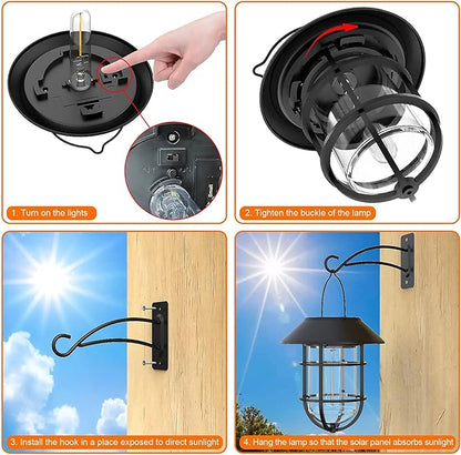 Solar Lantern Hanging Solar Lights Outdoor, Waterproof Metal Wall Lantern with Hooks, Outdoor Wall Lights for Porch, Patio Yard Garden Decor, No Wiring Required, 2 Pack