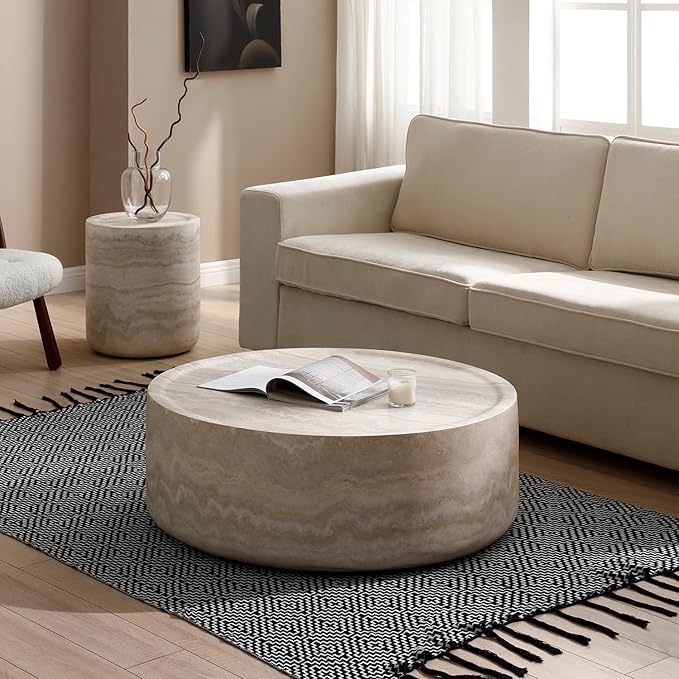 kevinplus ø39.3'' Round Coffee Table for Living Room, Modern Drum Circle Coffee Table Side Table End Table, Fiberglass Material, No Assembly (Mars Texture, ø39.3'' x 11.8'')