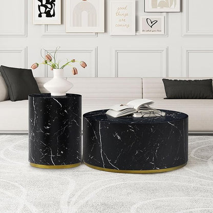 kevinplus BlackRound Coffee Table Side End Table Set of 2 for Living Room, Modern Contemporary Circle Drum Style, Gold Rim Bottom & Faux Marble Grain, No Assembly (Black, 2-Pcs)
