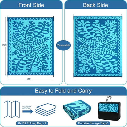 Anidaroel 8x10 Outdoor Rug for Patios Clearance, Waterproof Camping Rug for Outside RV, Reversible Plastic Straw Outside Rugs, Large Outdoor Area Rug for Garden, Camper(Blue,8’x10’)