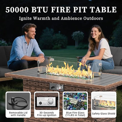 UDPATIO Patio Furniture Set with Fire Pit Table, Rocking Swivel Chairs, 5 Pieces Outdoor Furniture Sets, All-Weather Wicker Outdoor Sectional Sofa with Waterproof Cover, 4'' Thickened Cushion, Grey