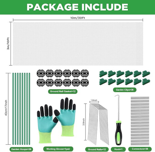 Garden Netting Kit for Raised Beds, Fiberglass Garden Hoops with 10x33FT Ultra Fine Mesh Netting and 24 Clips, Insect Netting for Garden Row Cover Vegetable Flowers Protection Barrier Plant Covers Net