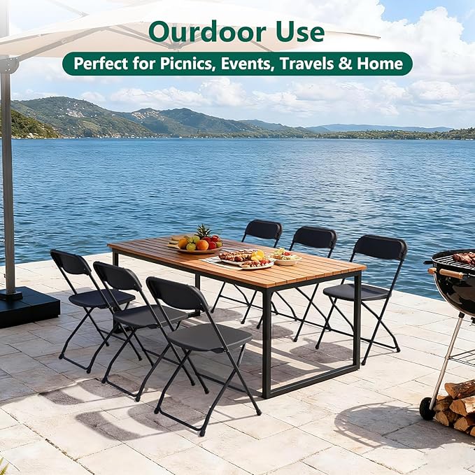 6 Pack Black Plastic Folding Chairs, Outdoor Portable Folding Chair with Steel Frame, 350lbs Capacity Stackable Foldable Chairs for Patio, Garden, Picnic, Kitchen, Events