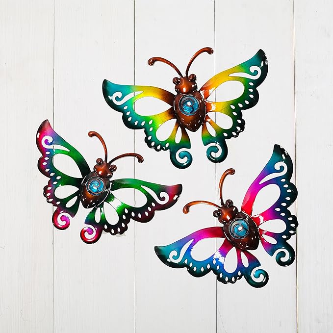 Garden Decor Clearance Metal Butterfly Wall decor 3D Wall Art Hanging Sculpture for Patio Fence, Set of 3, 9 inch, Indoor Outdoor Gift for Family