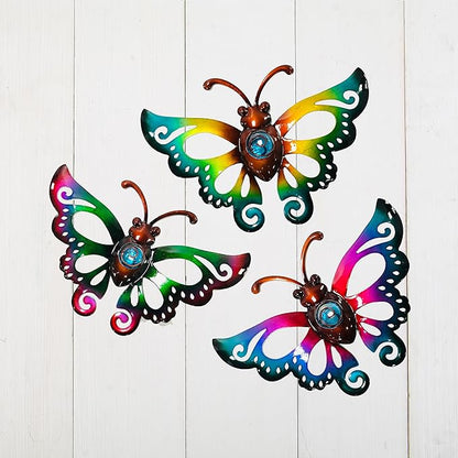 Garden Decor Clearance Metal Butterfly Wall decor 3D Wall Art Hanging Sculpture for Patio Fence, Set of 3, 9 inch, Indoor Outdoor Gift for Family