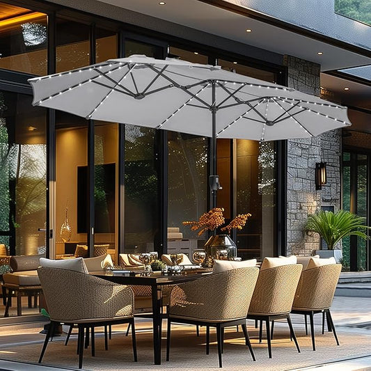 GREEN PARTY 13 ft Rectangle Patio Umbrella with Solar Lights, Double-Sided Market Table Umbrella with Crank, Large Outdoor Umbrellas for Patio Poolside Garden Backyard, Smoky Grey