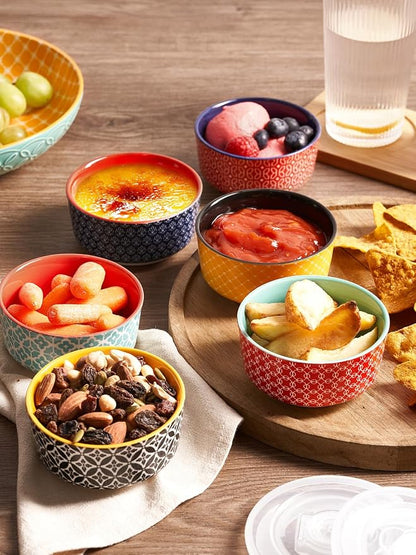 DOWAN Ramekins with Lids 4 oz Oven Safe for Creme Brulee Souffle, Ceramic Custard Cups for Baking, Small Bowls for Pudding Dip Ice Cream, Set of 6, Vibrant Colors