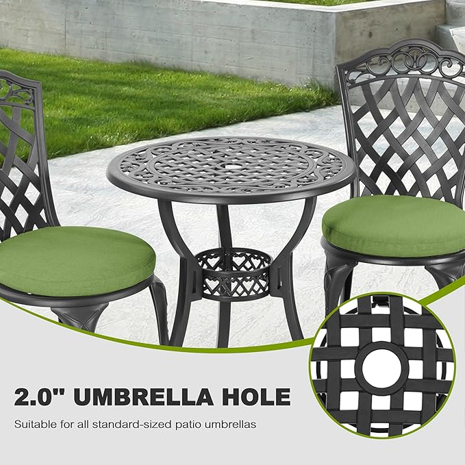 NUU GARDEN 3-Piece Outdoor Bistro Set, Cast Aluminum Patio Table and 2 Chairs with Green Cushions and Umbrella Hole, Weather-Resistant Furniture Set for Garden, Balcony, Porch, Black