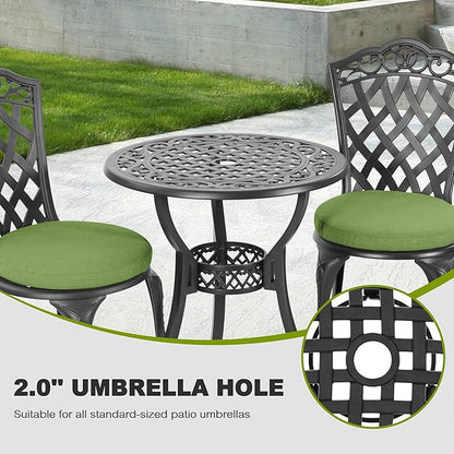NUU GARDEN 3-Piece Outdoor Bistro Set, Cast Aluminum Patio Table and 2 Chairs with Green Cushions and Umbrella Hole, Weather-Resistant Furniture Set for Garden, Balcony, Porch, Black