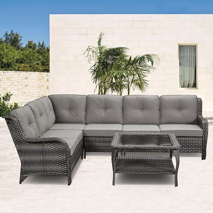 Rilyson Patio Tables Outdoor Coffee Table - Wicker Rattan Coffee Tables with 2-Tier Storage Shelf Glass Top for Proch Deck Balcony Garden Squre Mixed Grey