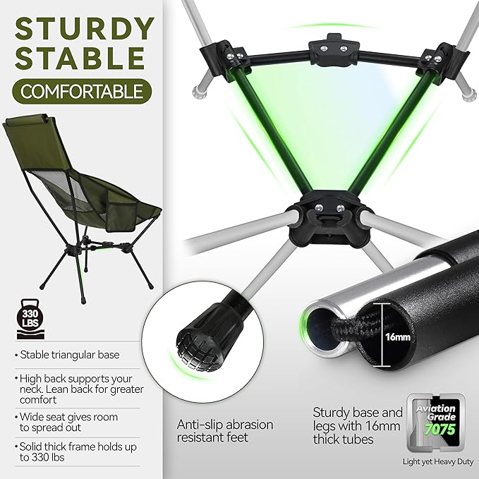 MARCHWAY Lightweight Folding High Back Camping Chair with Head Support, Stable Portable Compact for Outdoor Camp, Travel, Beach, Picnic, Festival, Hiking, Backpacking (Highback Green)